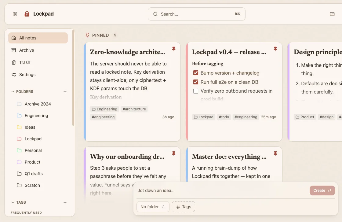 The Lockpad interface: a sidebar of folders and tags beside a grid of note cards, each with a coloured edge, tags and a timestamp.
